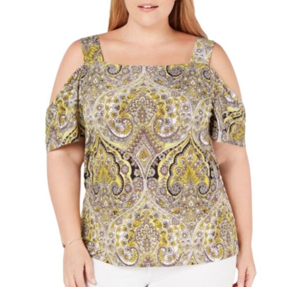 INC -261 International Concepts Cold Shoulder Paisley Floral Top Size XL‎ Yellow - Picture 1 of 10